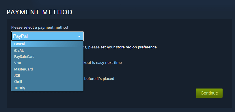 The available payment methods on Steam