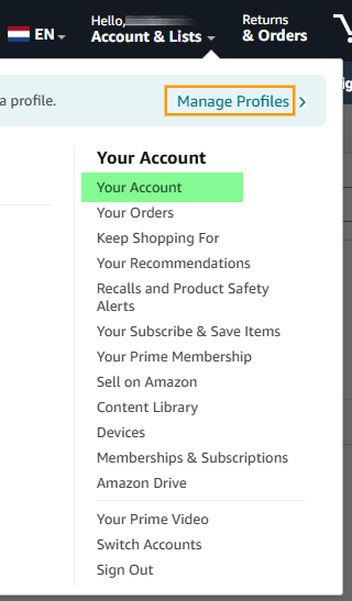 Your account menu at Amazon Your account menu at Amazon