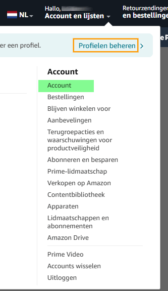 Je accountmenu bij Amazon
