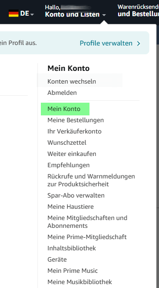 Menu de votre compte chez Amazon