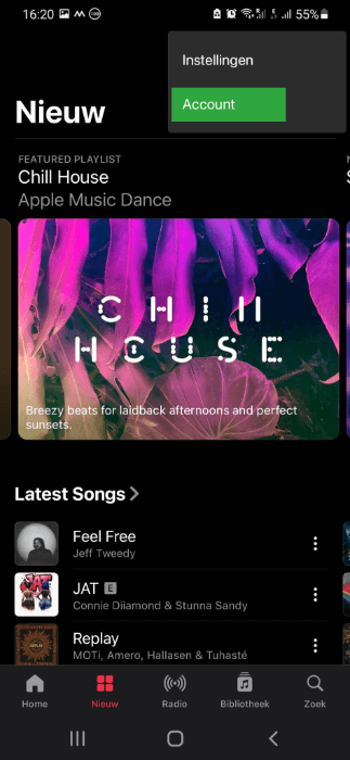 De accountknop in Apple Music voor Android De accountknop in Apple Music voor Android