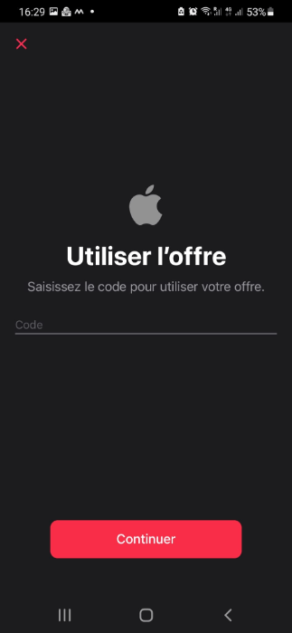 Entrez votre code Apple ici sur Android