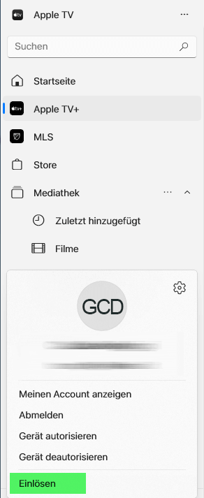 Das Kontomenü in der PC-App