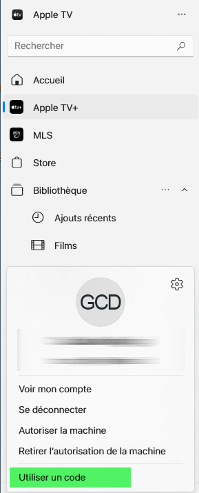 Le menu du compte dans l’application PC