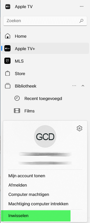 Het accountmenu in de pc-app Het accountmenu in de pc-app