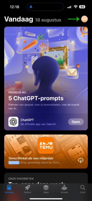 Het accountpictogram in de App store op iphone Het accountpictogram in de App store op iphone