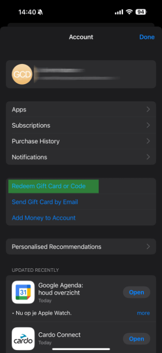 Le menu du compte dans l’App store sur iphone