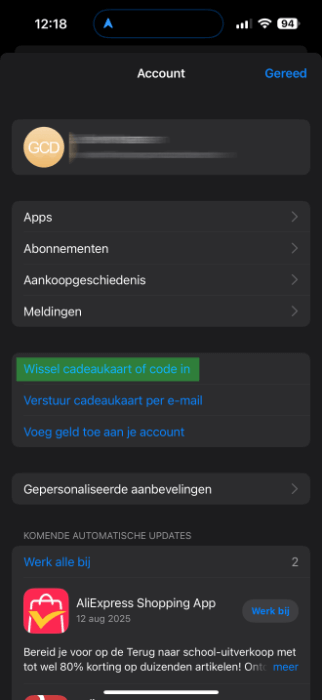 Het accountmenu in de App store op iphone Het accountmenu in de App store op iphone