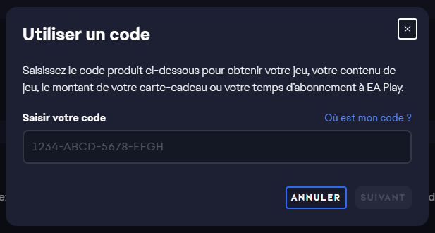 C’est ici que vous saisissez votre code EA
