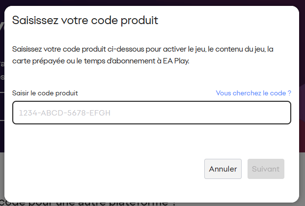 C’est ici que vous saisissez votre code EA
