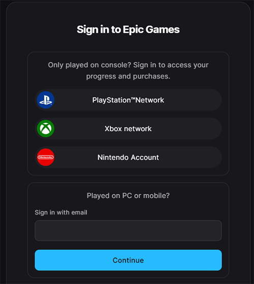 Kies uw methode en log in bij Epic