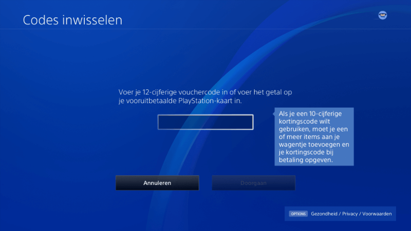 Het scherm met de inwisselcode op PS4 Het scherm met de inwisselcode op PS4