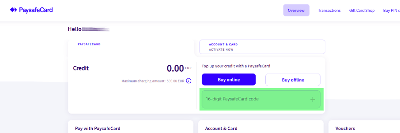 The place where you enter the code at Paysafe