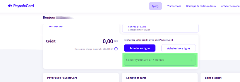 L’endroit où vous introduisez le code chez paysafe
