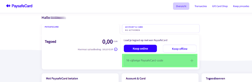 De plaats waar je de code invoert bij Paysafe De plaats waar je de code invoert bij Paysafe