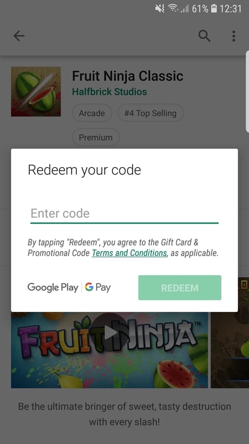 Hier typ je jou Google Play code