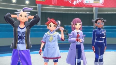 Pkm area zero - Quatre personnages se tiennent ensemble dans un stade